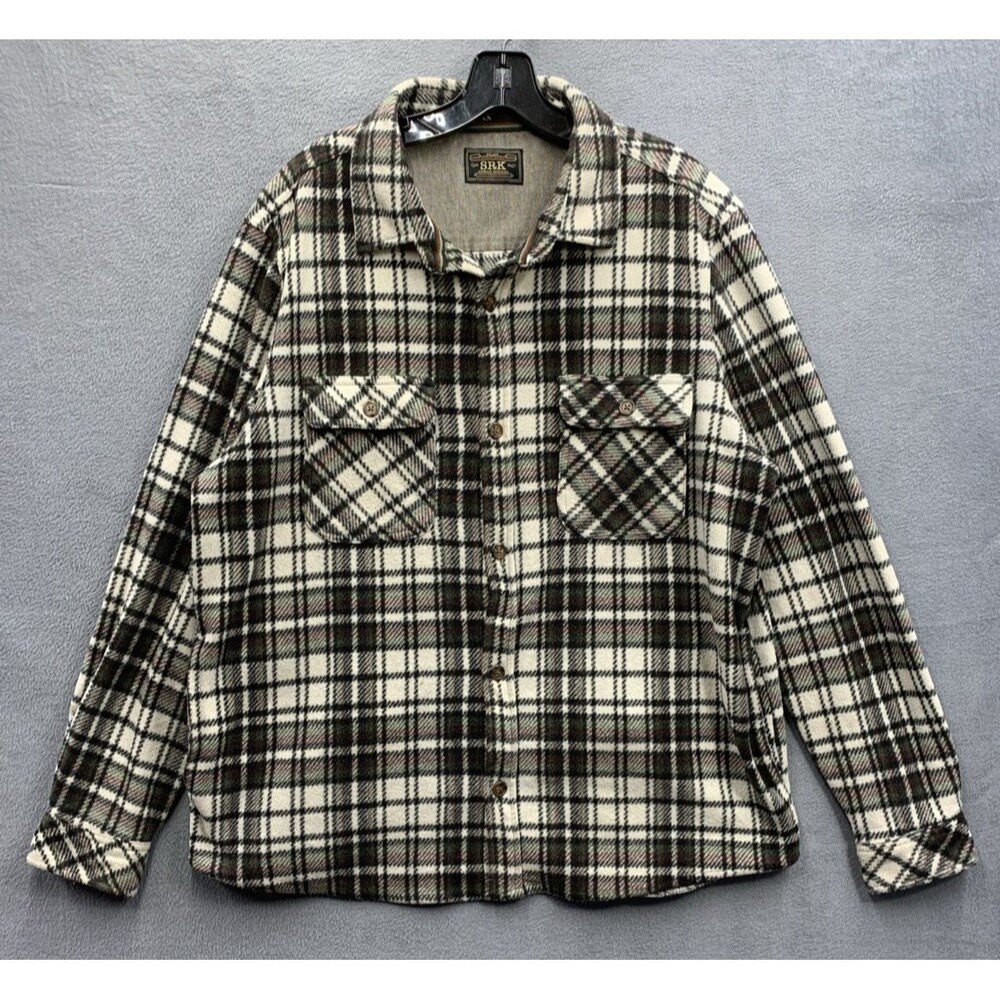 SRK Sunrise Kingdom Mens Plaid Flannel Shacket Brown Check 4 Pockets Large